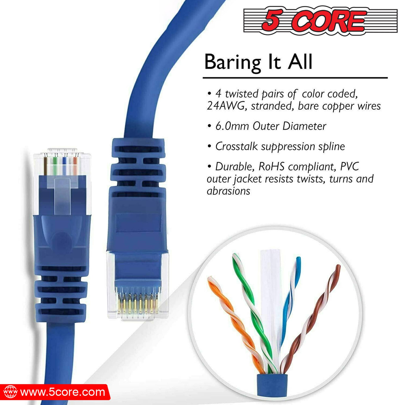 Cat6 Ethernet Cable 10ft 10Gbps Network Cord High-Speed LAN